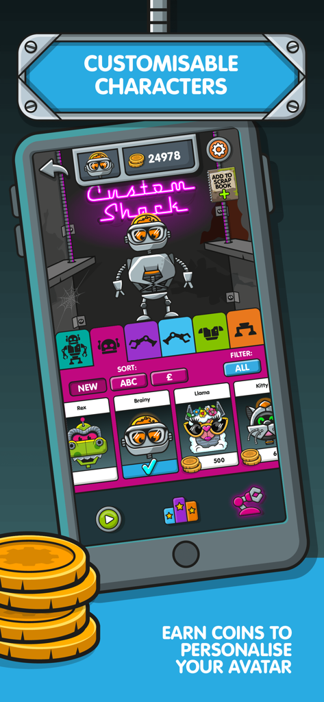 NumBots - Ein Bildschirm in der NumBots-App, der verschiedene Roboterfiguren zeigt, die mit verdienten Münzen angepasst werden können.