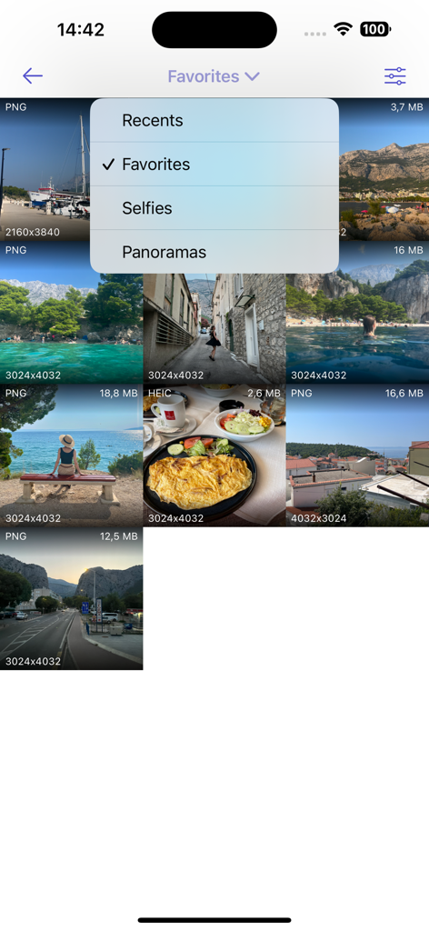 Resize it - compress any image - Screenshot della galleria fotografica dell'app Resize it che mostra le dimensioni dei file e un menu a discesa per filtrare le immagini per categorie come Preferiti e Selfie.