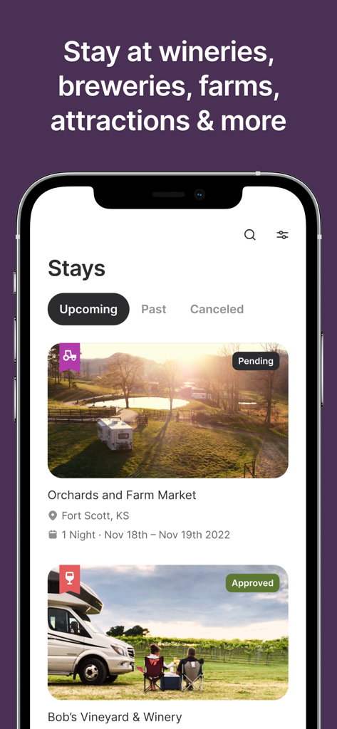 Harvest Hosts - RV Camping - Tela de smartphone mostrando as próximas reservas de estadia de RV em um mercado de fazenda e em uma vinícola