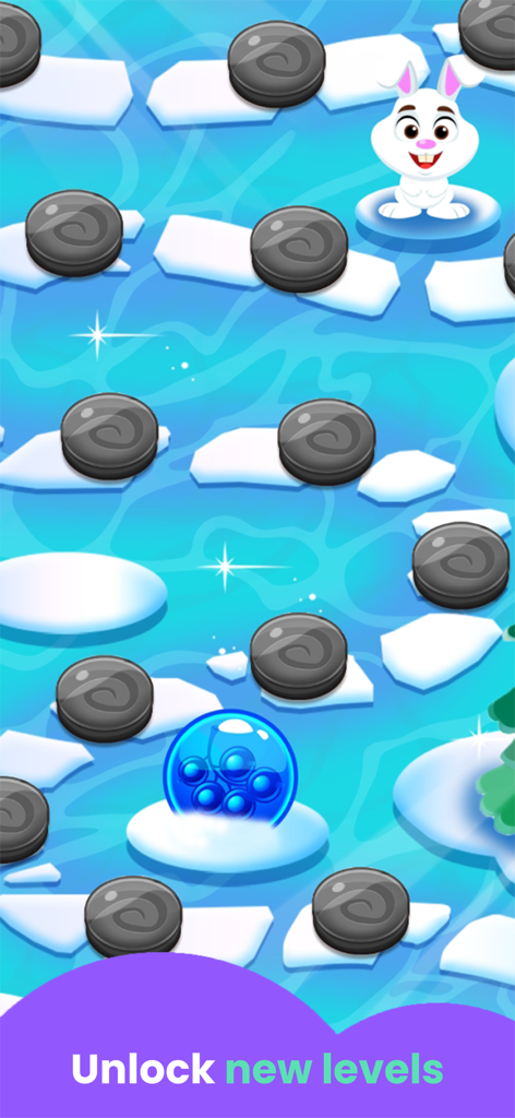 A white bunny character on an icy level progression map in a children's mobile game.
