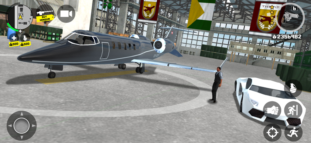 Un jet privado y un coche deportivo blanco aparcados dentro del hangar de un aeropuerto en Grand Heist Online 2.