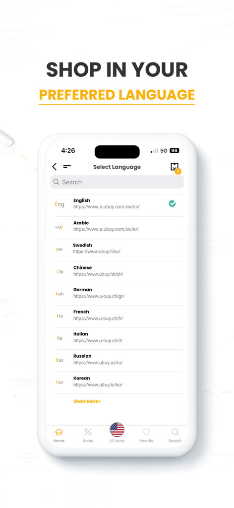 Ubuy app screen showing a list of different languages for international shopping including English Arabic Swedish and Chinese