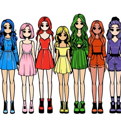 seven realistic girls standing up next to each other