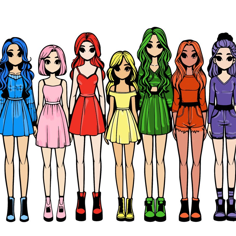seven realistic girls standing up next to each other