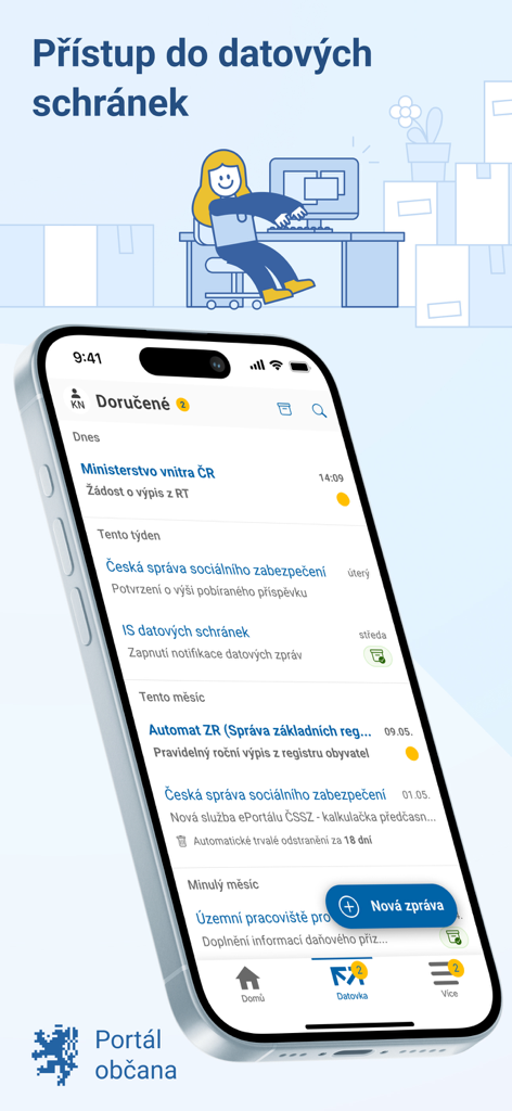 Portál občana - Captura de pantalla de la aplicación móvil Portal Obcana que muestra una bandeja de entrada para mensajes de datos oficiales del gobierno.