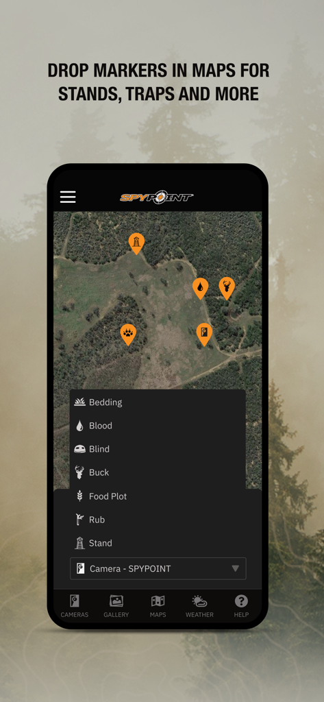 SPYPOINT app interface showing a satellite map with custom hunting markers for stands and traps