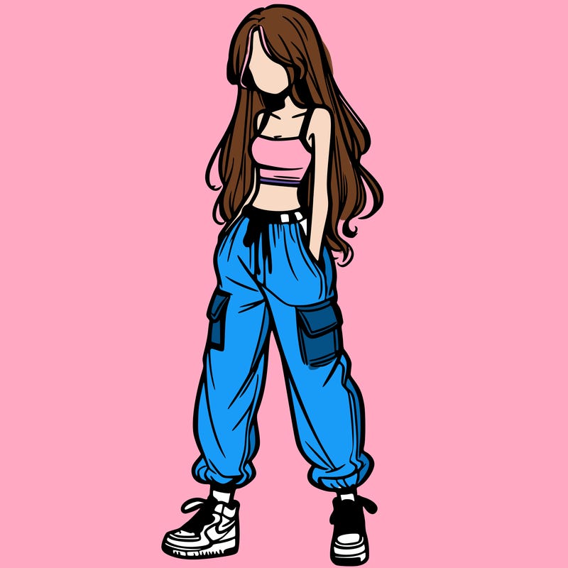 girl in baggy pants crop top and long hair