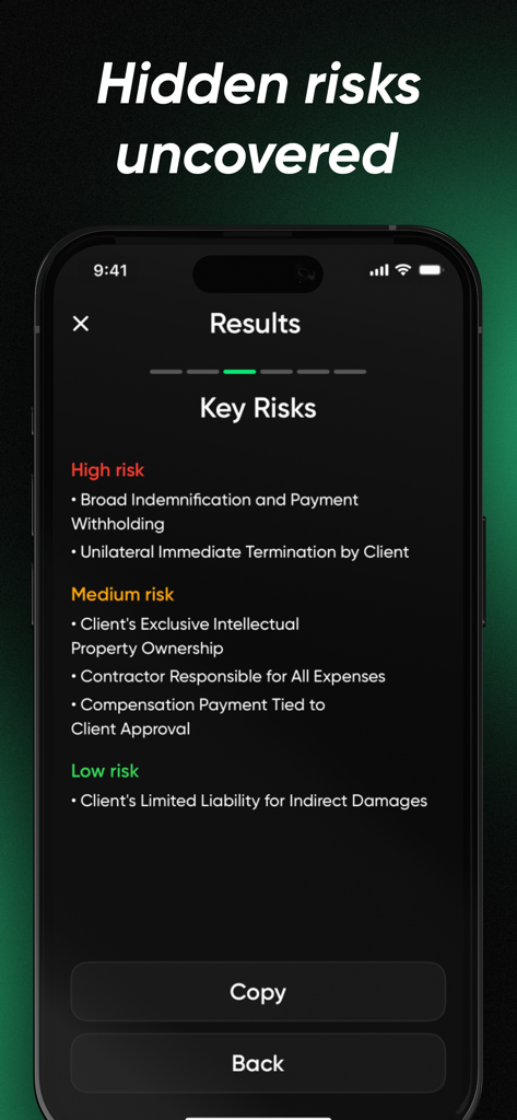 리걸 마인드 앱 인터페이스, 계약 분석 중 발견된 숨겨진 위험 표시