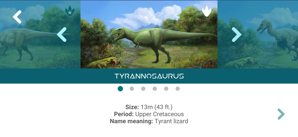Dinosaur Master! - Dinosaur Master app interface showing Tyrannosaurus facts like size and period