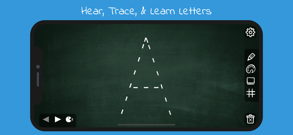 BabySmart app interface showing a dashed letter A for tracing on a digital chalkboard