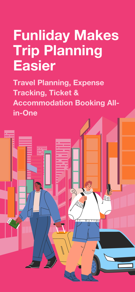Funliday - Travel Planner - Illustration of two travelers in a city showcasing Funliday as an all-in-one travel planning and booking app