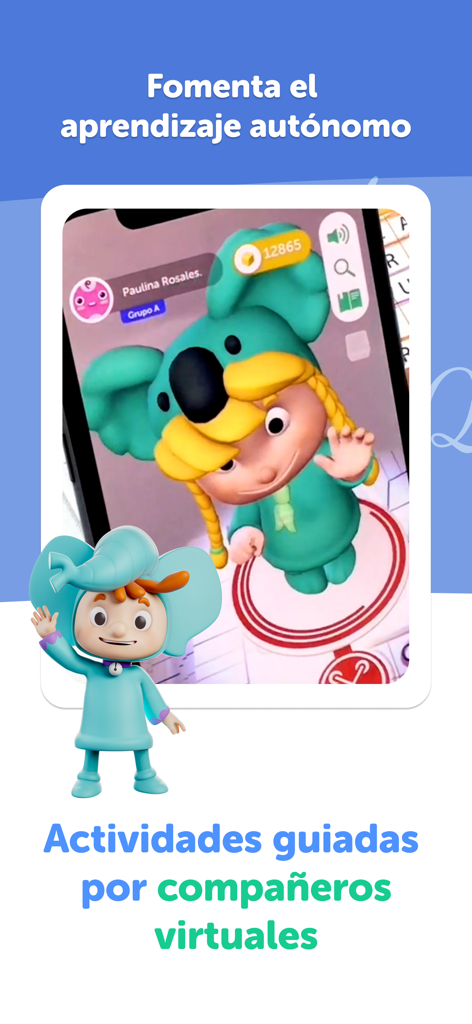 PleIQ - Caligrafía Interactiva - Un personaje virtual compañero en la aplicación de caligrafía de realidad aumentada PleIQ guiando actividades educativas.