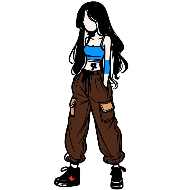 girl in baggy pants crop top and long hair