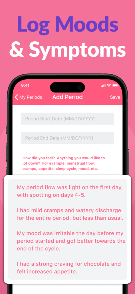 Period Tracker ` - Una interfaz de aplicación móvil para registrar las fechas del período menstrual y los síntomas diarios de salud