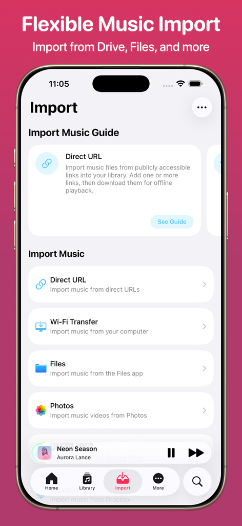 Synic - Offline Music Player - Interfaz de la aplicación Synic para importar música desde múltiples fuentes como URL y Wi-Fi