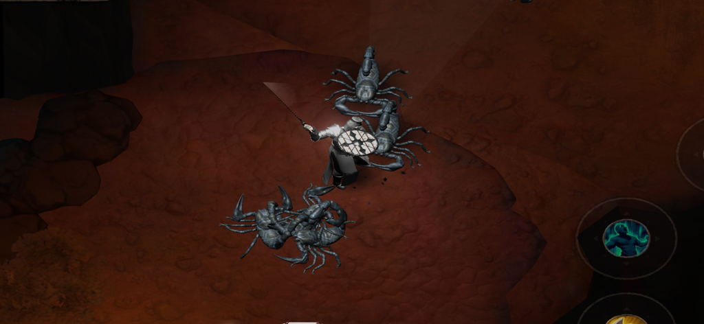 Powerlust - Action RPG offline - Jugabilidad de vista cenital de un caballero con un escudo luchando contra escorpiones gigantes en una caverna oscura