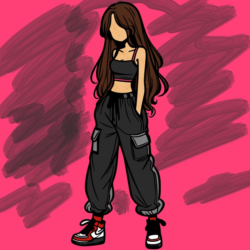 girl in baggy pants crop top and long hair