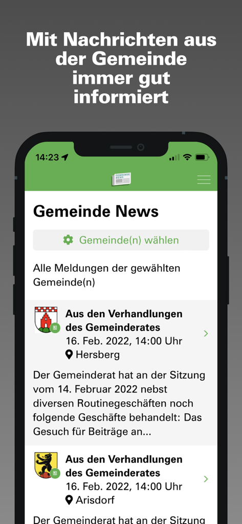 Smartphone screen showing the Gemeinde-News app feed with local council news and municipality selection.