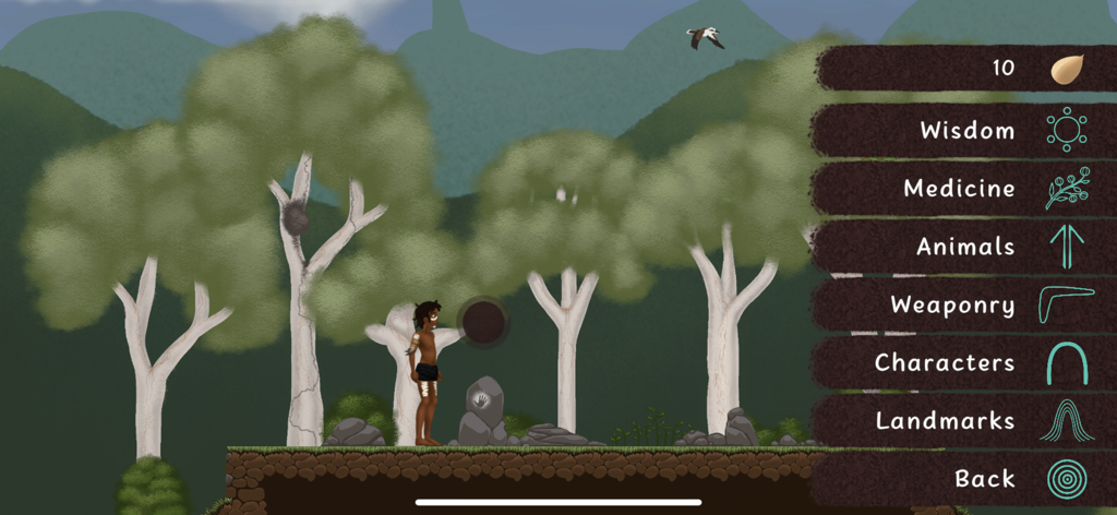 Djaa - Gameplay de l'application mobile Djaa montrant un personnage dans une forêt avec un menu éducatif sur le côté droit.