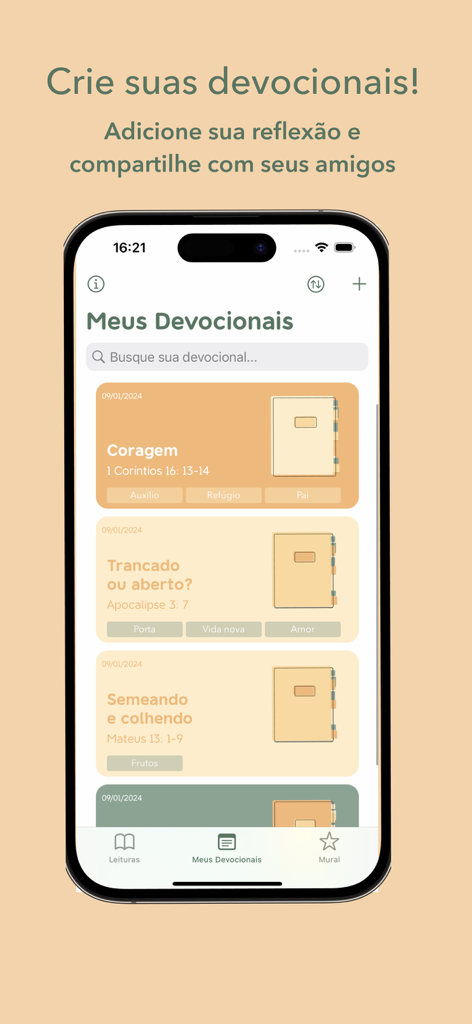 Meu Devocional - A digital journal interface showing a list of personal spiritual reflections and bible study notes in the Meu Devocional app.