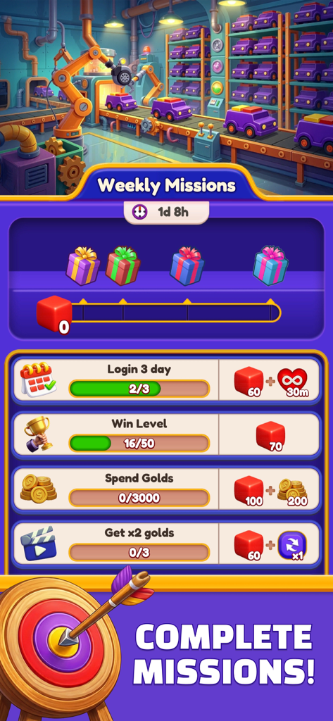 Loop Sort - Weekly missions menu in the Loop Sort mobile game displaying various challenges and rewards like coins and gift boxes.