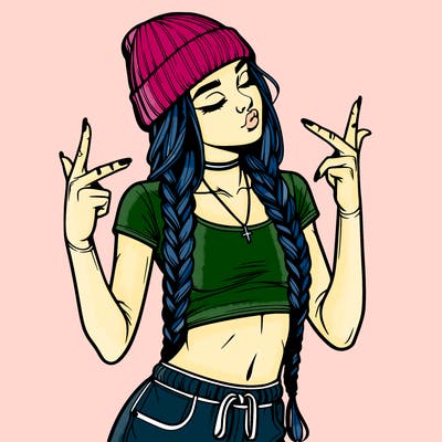 realistic teenage girl with braids and a beanie and crop top doing 🫶🏼