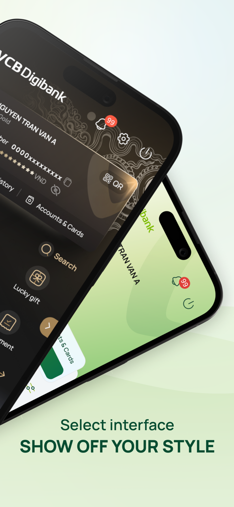 VCB Digibankアプリのカスタマイズ可能なダークモードとライトモードのインターフェーステーマを表示する2台のスマートフォン。