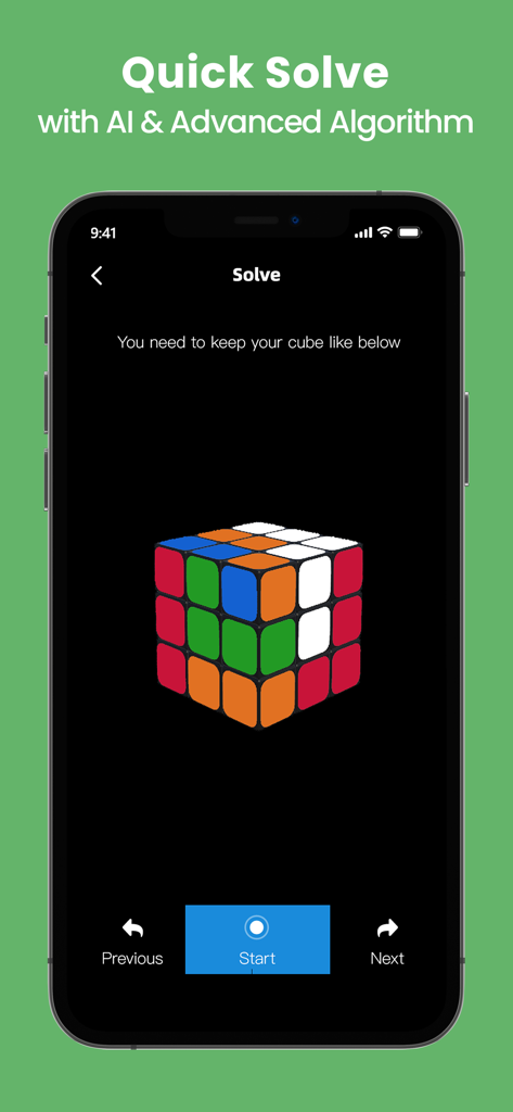 Une étape de tutoriel de Rubik's Cube 3D sur un écran mobile montrant le positionnement initial pour la résolution avec l'IA.