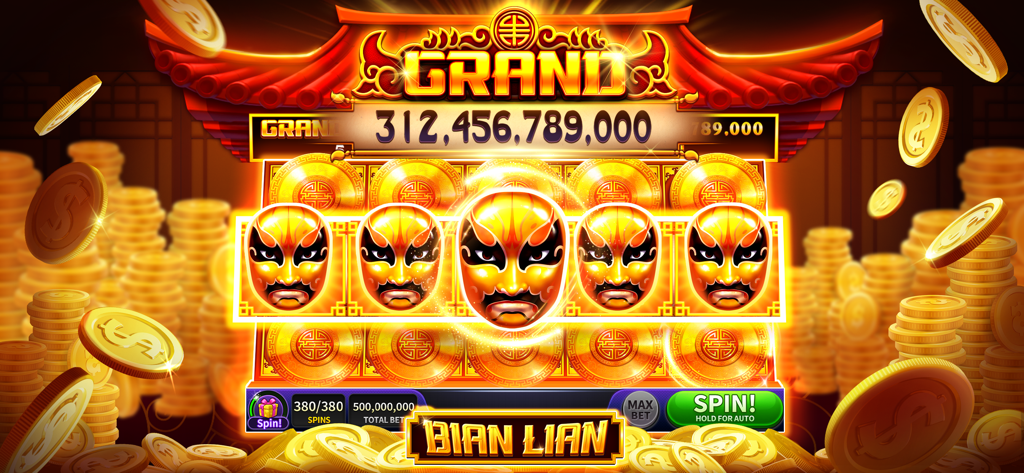 House of Slots - Casino Games - House of Slots casino game featuring the Bian Lian slot machine with a massive grand jackpot and golden mask symbols