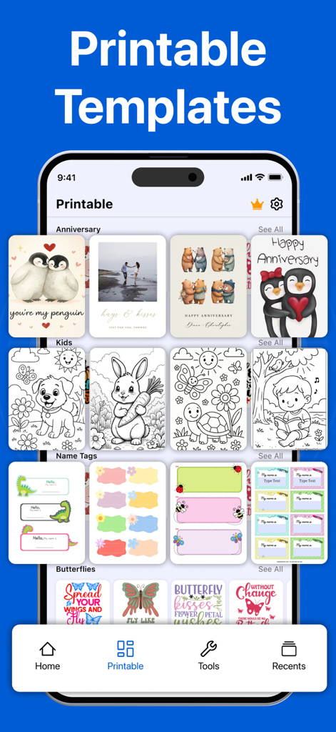 Galerie mit druckbaren Vorlagen für Karten, Malvorlagen und Namensschilder in der HP Smart Printer App