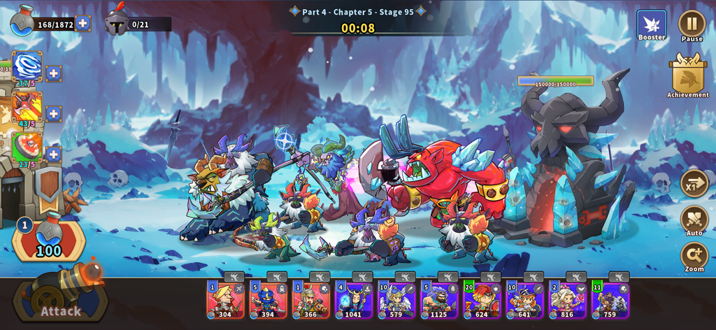 Una escena de batalla en Castle War Defense con héroes luchando en una etapa de cueva de hielo nevada