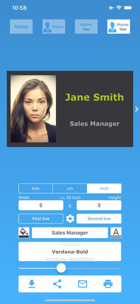 The Name Badge app interface showing a custom photo ID badge being edited with name and job title.