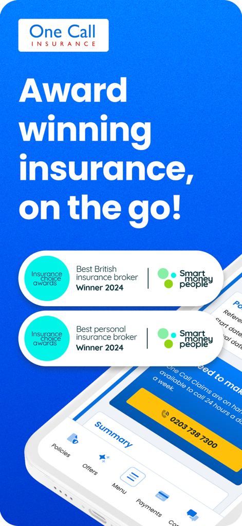One Call Insurance - One Call Insurance mobile app featuring 2024 award wins for Best British and Personal Insurance Broker.