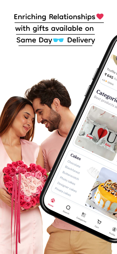 IGP: Gifts, Flowers & Cakes - Interface de l'application IGP montrant des catégories de cadeaux pour les fleurs et les gâteaux avec livraison le jour même