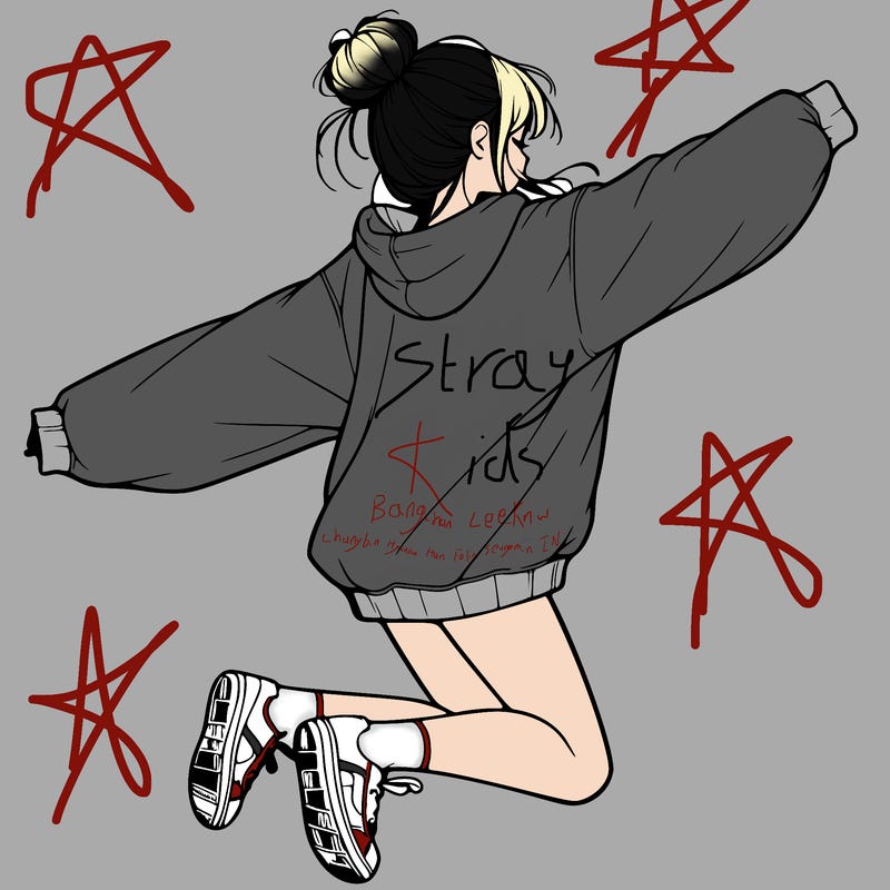 realistic girl jumping with a bun and oversized sweatshirt