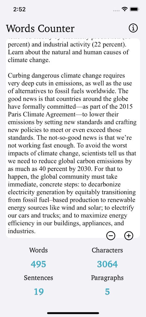 Words Counter Plus app screen showing word character sentence and paragraph counts for a text