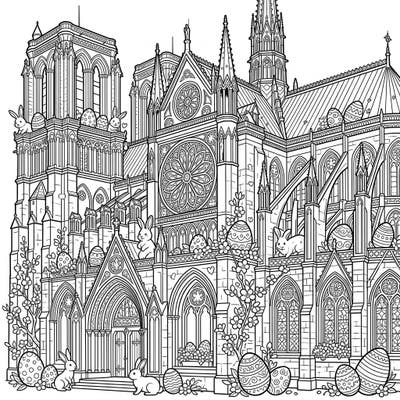 Immerse yourself in the grandeur of a Gothic cathedral, beautifully decorated for Easter. This intricate coloring page offers adults a peaceful and rewarding artistic escape.