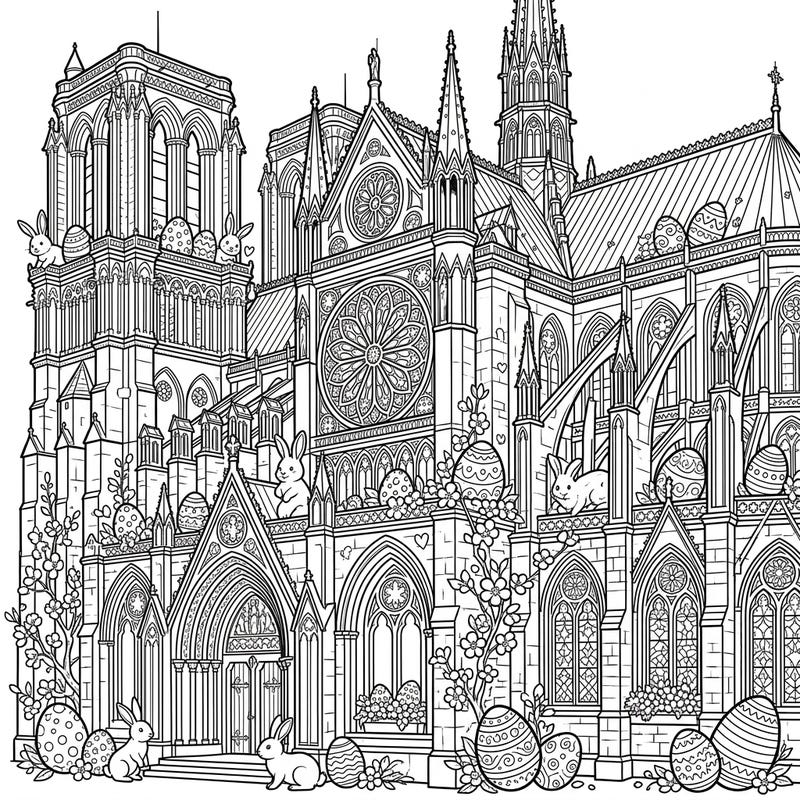 Immerse yourself in the grandeur of a Gothic cathedral, beautifully decorated for Easter. This intricate coloring page offers adults a peaceful and rewarding artistic escape.