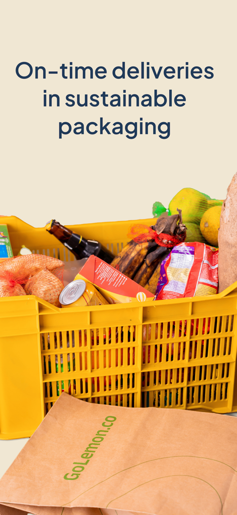 GoLemon: Grocery & Essentials - Groceries delivered in a yellow reusable crate and eco friendly paper bag