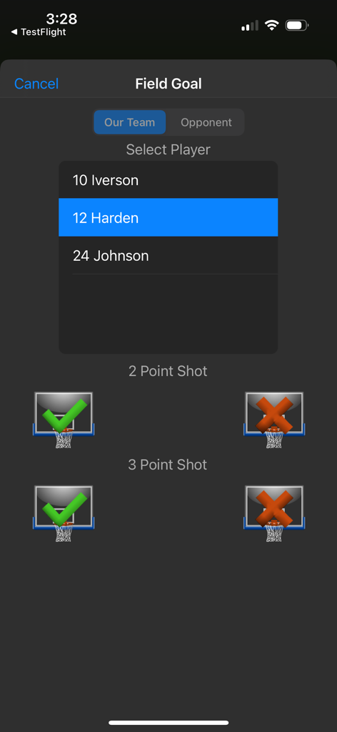 Shot Chart - Interface of the Shot Chart app for recording 2-point and 3-point field goals for a selected basketball player.