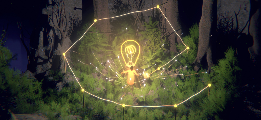 The Forest Quartet - A spirit character standing before a large glowing lightbulb in a dark lush forest