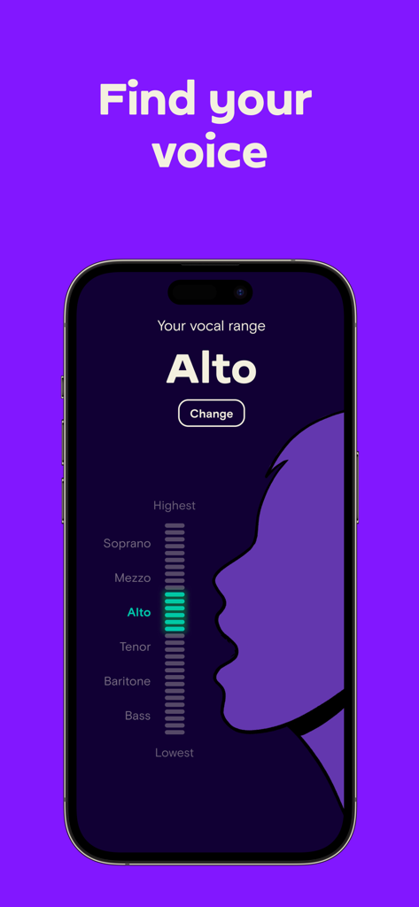 Simply Sing app interface showing the Find Your Voice feature with the vocal range identified as Alto.