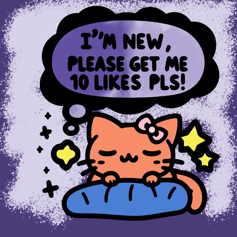 kitty taking a nap dream talking and saying "i'm new, please get me at least 10 likes pls!!"
