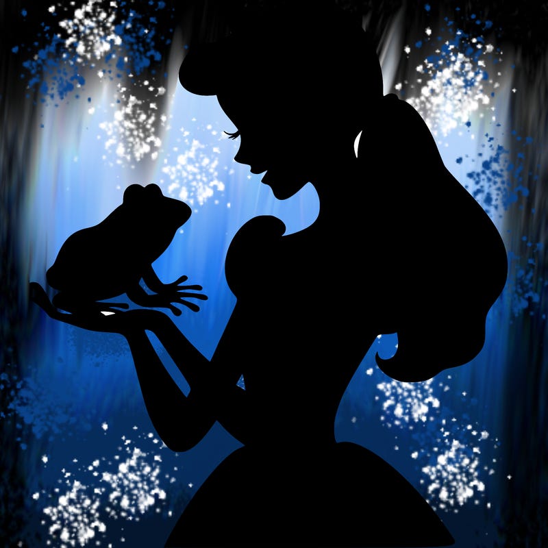 a shadow of a princess holding a frog realistic