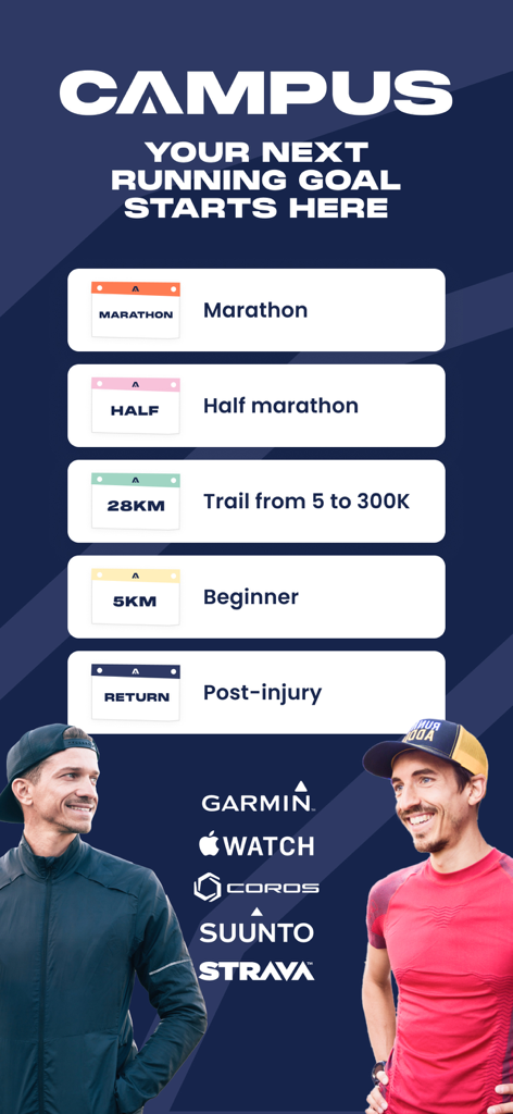 Campus Coach app screen showing training goals for marathon half marathon trail running and beginners with GPS device integrations
