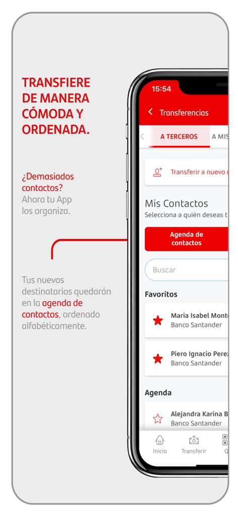 Santander Chile - Interfaz de la aplicación Santander Chile que muestra una lista de contactos organizada para realizar transferencias bancarias