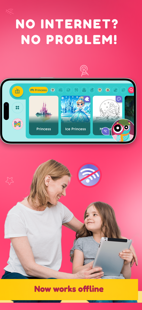 Kidzovo: Kids TV with AI Buddy - A happy mother and child using the Kidzovo educational app on a tablet with a no wifi symbol highlighting offline access