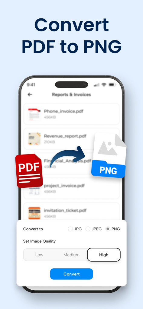PDF to JPG Converter - JPEG - Interface of a mobile app showing the process of converting a PDF file to a high-quality PNG image with quality settings.