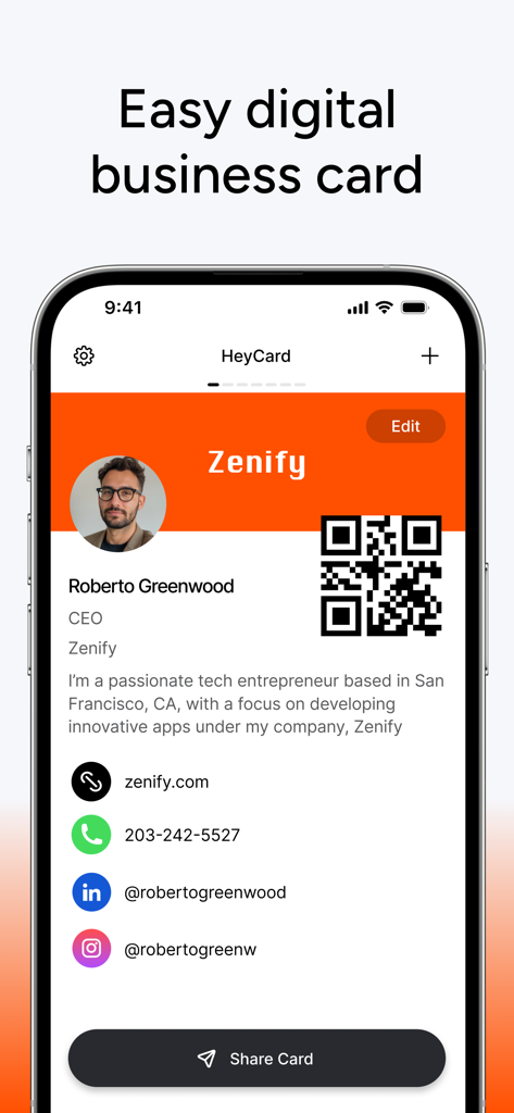 HeyCard Business Card Creator - Biglietto da visita digitale con codice QR e collegamenti di contatto su uno schermo mobile.