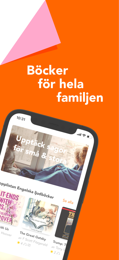 Bokus Play app interface displaying books for the whole family on a smartphone.